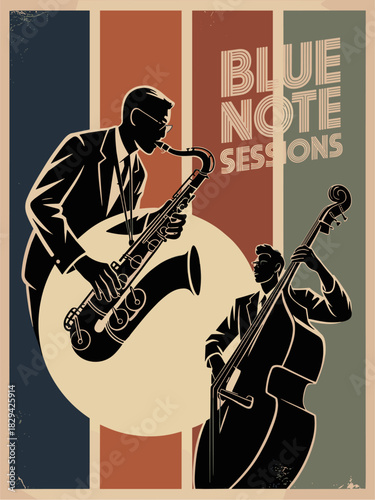 Vintage 1950s jazz poster with saxophonist and bassist silhouettes in cream spotlight. Stylized vector design for music, events, and entertainment projects.