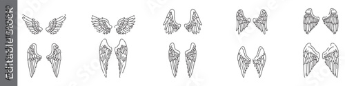 Angel and bird wings line icon set – editable outline symbols of feather, flight, fantasy and spiritual design