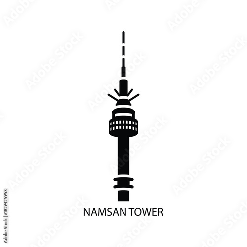 Minimal black silhouette of Namsan Tower on a clean white background, modern flat vector illustration of the iconic N Seoul Tower landmark in South Korea