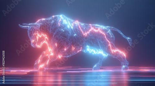 3D Digital Bull Charging Through Neon Coins in Futuristic Style