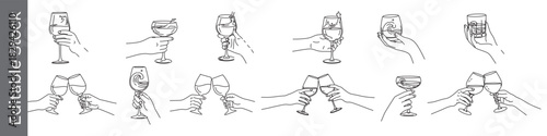 Variety type of hand holding cheers glasses and toasting glasses outline icon set – editable outline symbols of cheers, water, hand, drink, celebration and party