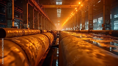 Industrial Warehouse Interior With Rows Of Large Metal Pipes And Reflective Floor Under Warm Artificial Lighting
