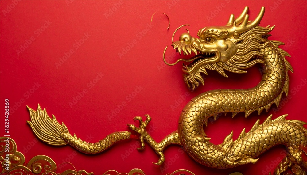 Obraz premium Golden Chinese dragons facing each other on a festive red background with cherry blossoms and lanterns, perfect for celebrating Lunar New Year or cultural design decorations.