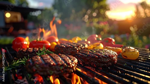 Outdoor Barbecue With Juicy Burgers and Vegetables Grilling Over Open Flames At Sunset