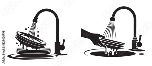Dishwashing Icon Vector, Sink, Faucet, Cleaning Plates and Kitchen Hygiene Graphics.