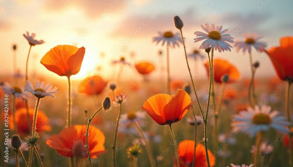 Obraz premium Wild poppy and daisy flowers bloom in a sunny field. Golden sun warms the meadow. Summer nature scene shows blooming plants. Spring blossom background with natural beauty.