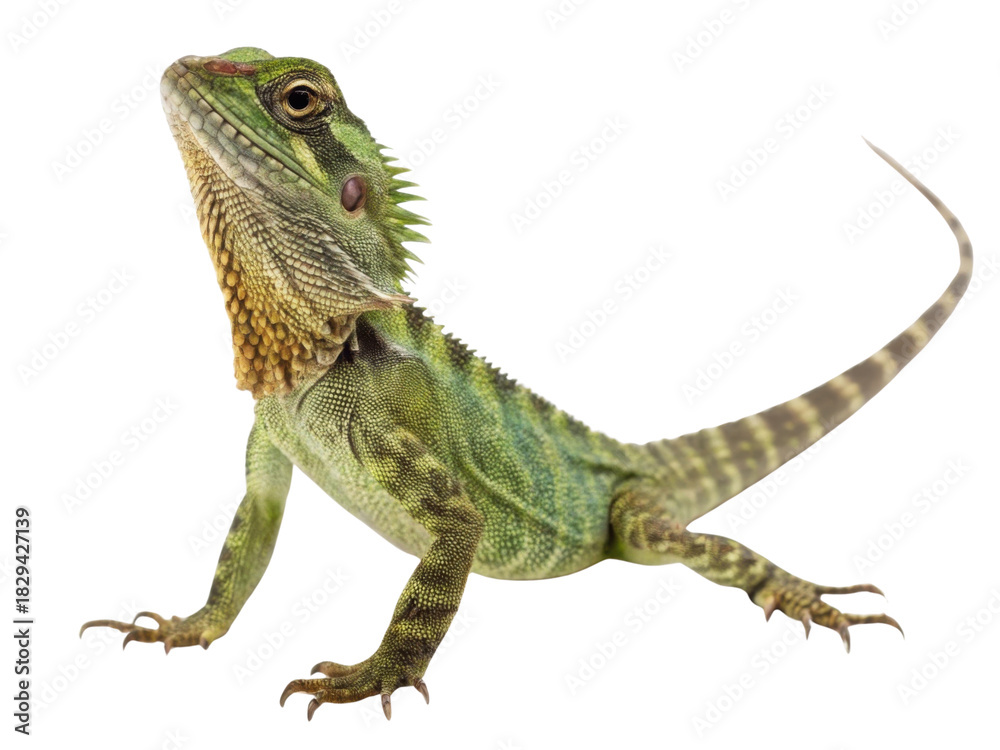 Obraz premium Proud green water dragon lizard, an isolated reptile pet looking up. This alert exotic animal with spiky crest shows curiosity