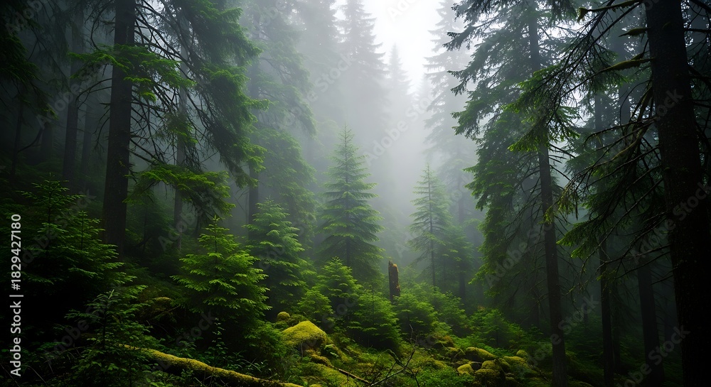 Fototapeta premium Dense green forest across mountain hills with soft foggy atmosphere.