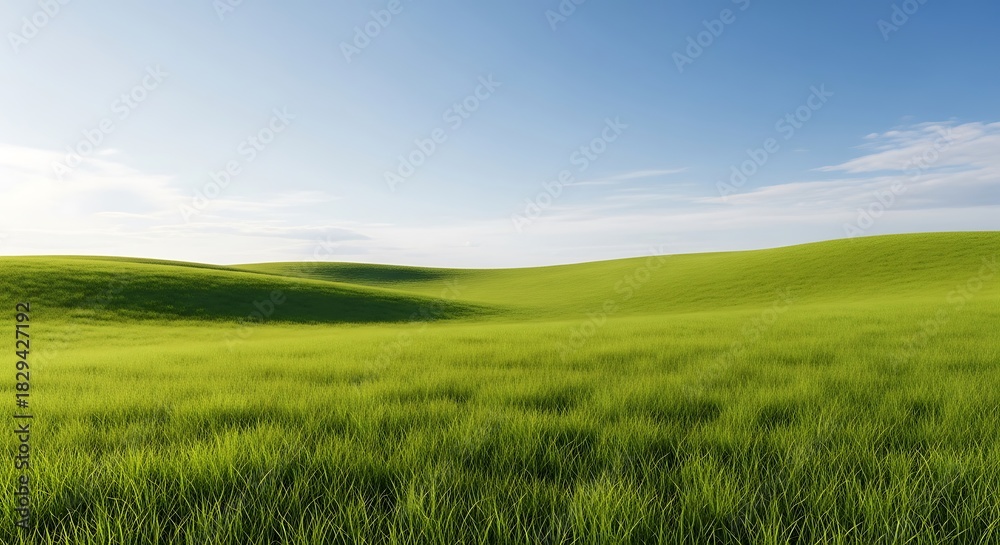 Obraz premium Natural bright open meadow field stretching across rolling hills with clear sky.