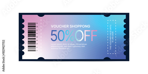 Holographic Shopping voucher vibrant blue and pink gradient background, admit one ticket, Coupon ticket