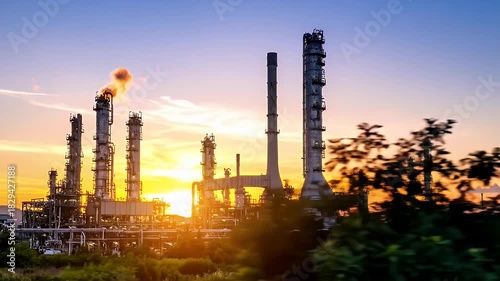 Petroleum Refinery Complex At Sunset With Dramatic Orange Sky And Steam Rising From Stacks