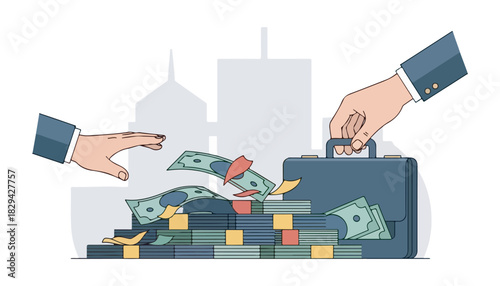 Illustration depicting a financial transaction involving money, a briefcase, and hands.