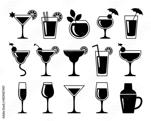 Collection of black and white cocktail and drink icons