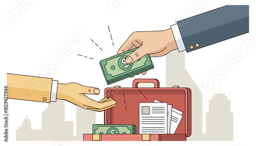 Illustration depicting a hand giving money to another hand, with a briefcase.