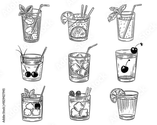 Collection of hand drawn cocktails and refreshing drinks