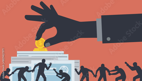 A large hand places a coin on a stack of documents above a group of silhouetted people holding hands.