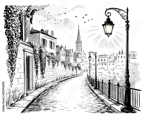 Charming european street with cobblestones and ivy covered wall