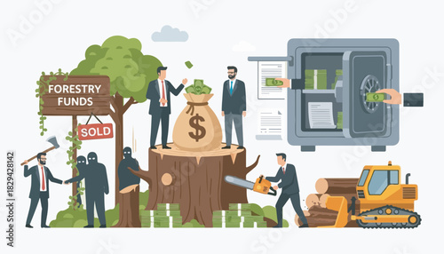 Illustration depicting deforestation, financial gain, and the exploitation of forestry resources.
