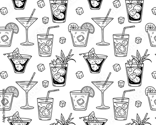 Seamless pattern of hand drawn cocktails and ice cubes on white background