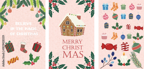 Festive Christmas Illustration Set with Gingerbread House Holly Berries Gifts Ornaments Candle Pine Branch and Believe in Magic Text on Pink Background