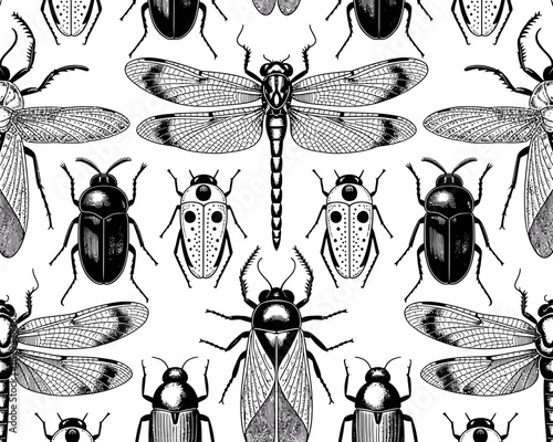 Vintage insect pattern black and white illustration