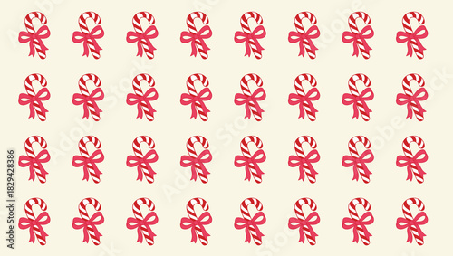 Seamless Christmas candy cane pattern with red and white stripes and pink bows repeating on light beige background for holiday design