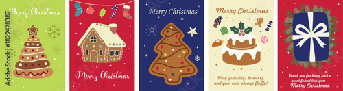 Merry Christmas card set featuring gingerbread tree cookie holiday decorations festive greeting messages gift box and winter sweets illustrations