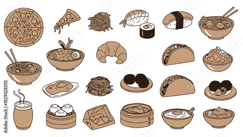 Hand drawn line art collection of diverse international food dishes vector elements isolated PNG with Transparent Background