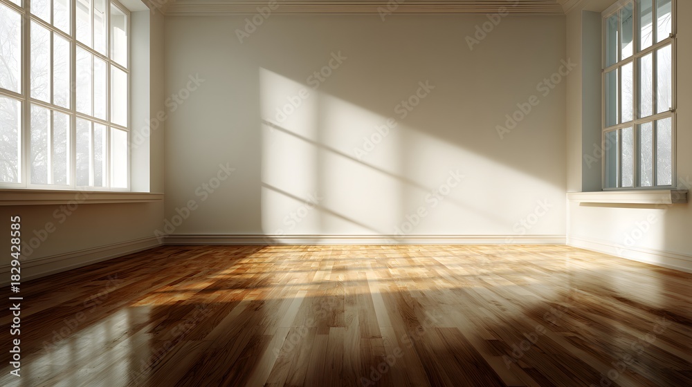 Fototapeta premium Realistic interior empty room hardwood floor cream wall balanced shadows studio feel