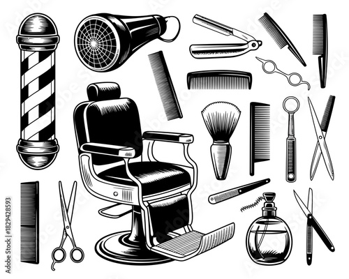Vintage barber shop tools and chair illustration