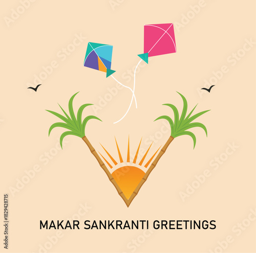 Makar Sankranti illustration with colorful kites birds sugarcane stalks and rising sun festive harvest festival greetings background design