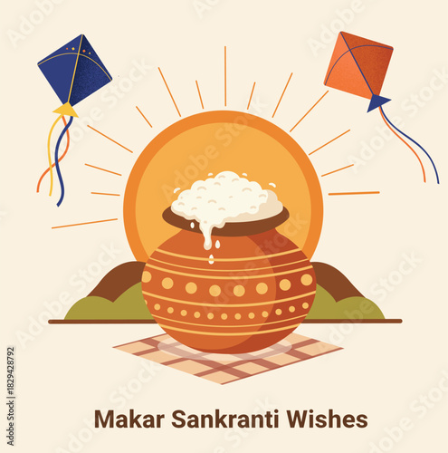 Makar Sankranti celebration illustration with overflowing pot of sweet Pongal rice kites flying under the bright sun festival graphic