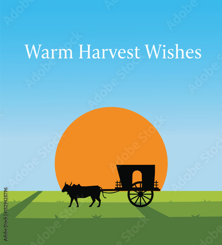 Bullock cart silhouette at sunset over green fields for farming harvest greeting card design vector illustration
