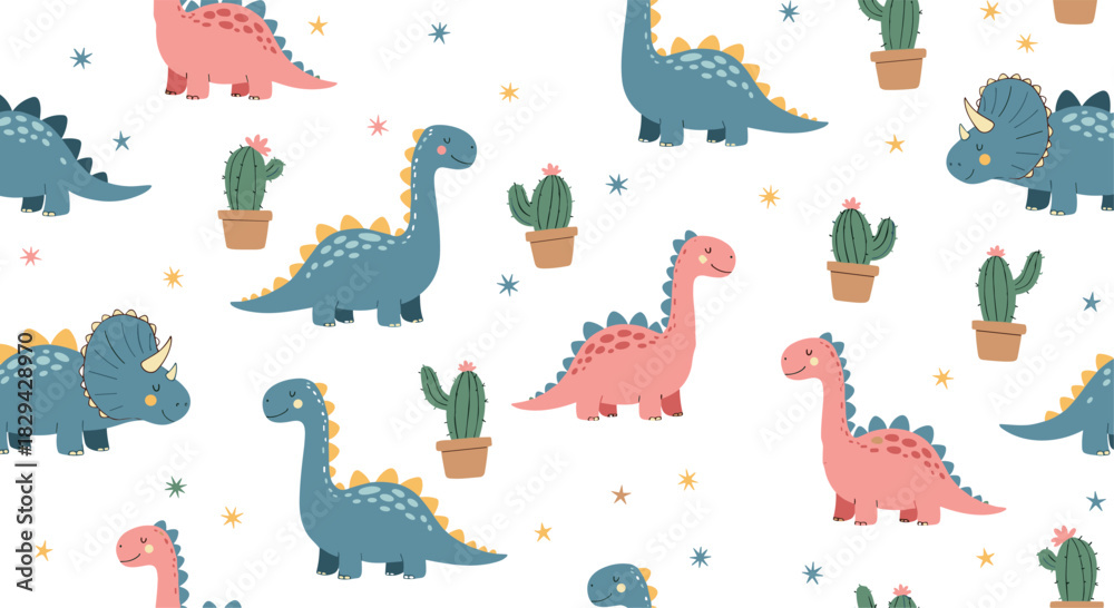 Fototapeta premium Playful seamless pattern featuring cute cartoon pink and blue dinosaurs interspersed with potted cactuses and tiny stars.