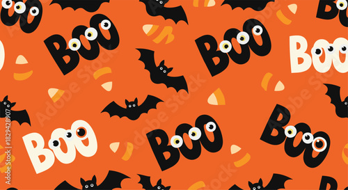 Spooky yet playful seamless Halloween pattern featuring "Boo" text flying bats and sweet candy corn on an orange background.