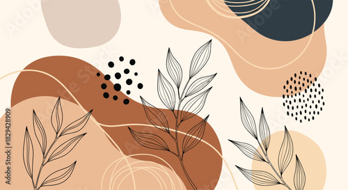 Serene abstract background featuring fluid organic shapes in earthy tones and delicate outlined leaves with subtle dotted textures.