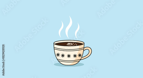 Adorable cartoon hot coffee mug illustration with rising steam and charming snowflake patterns on a light blue background.