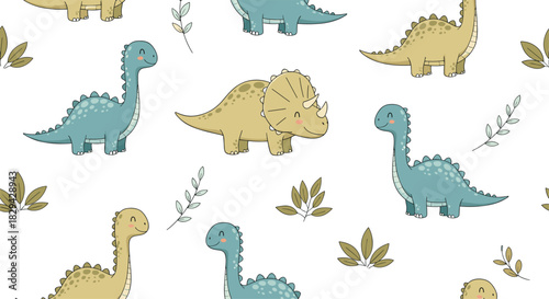 Seamless pattern featuring cute cartoon dinosaurs like brontosaurus and triceratops with scattered green leaves on a white background.