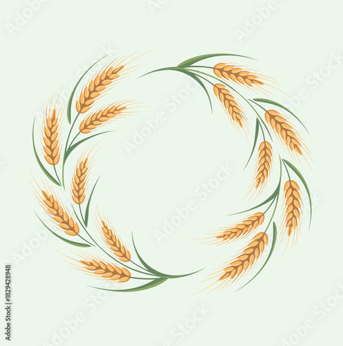 Golden Wheat Wreath Border Illustration for Bakery Agriculture Harvest Festival Invitation Design on Light Green Background