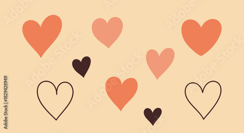Aesthetic collection of artistic heart shapes in various warm tones and outline styles scattered across a soft neutral background.