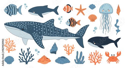 Extensive collection of charming cartoon ocean life including a majestic whale shark various fish starfish jellyfish crab and corals.