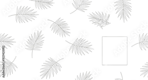 Minimalist seamless pattern featuring delicate outline illustrations of palm tree leaves scattered across a clean white background.