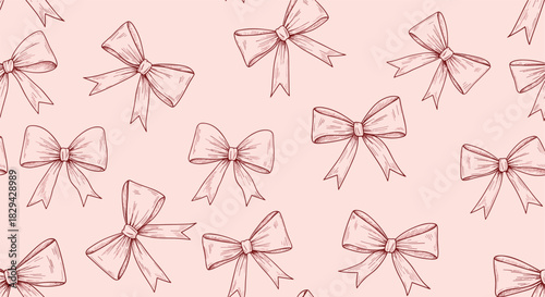 Elegant seamless pattern showcasing hand-drawn delicate bows and ribbons in a vintage sketch style on a soft pink background.