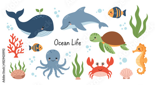 Adorable collection of cartoon ocean life elements with "Ocean Life" text featuring a whale dolphin turtle octopus crab seahorse and fish.