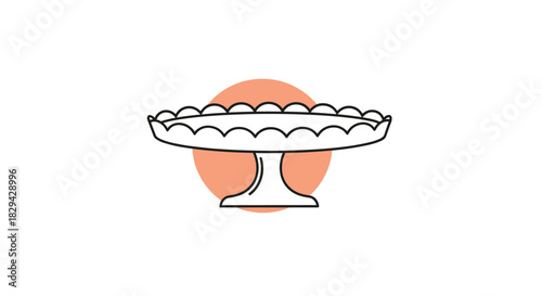 Minimalist outline icon illustration of a decorative cake stand with a scalloped edge on a soft peach circle background.