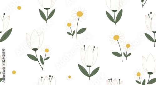 Fresh seamless pattern featuring simple white flowers with bright yellow centers and green stems scattered across a clean white background.