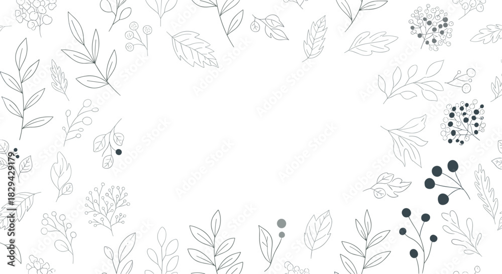 Fototapeta premium Elegant outline floral frame design featuring delicate leaves and berries creating a sophisticated border on a white background.