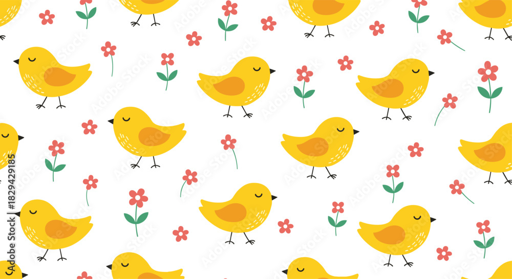 Obraz premium Adorable seamless pattern featuring cute yellow baby chicks and small red flowers scattered across a clean white background.