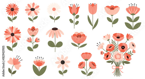 Charming collection of coral floral elements featuring a beautiful bouquet of spring flowers and individual flowers leaves and buds.