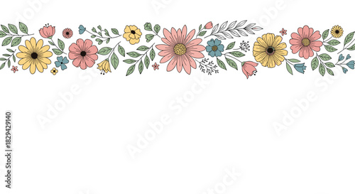 Charming floral border design featuring a horizontal arrangement of colorful hand-drawn flowers and green leaves perfect for decoration.